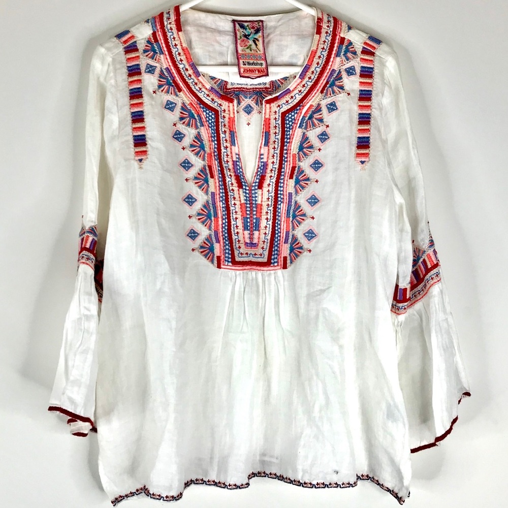JOHNNY WAS Embroidered Top Cotton Bell Sleeves S